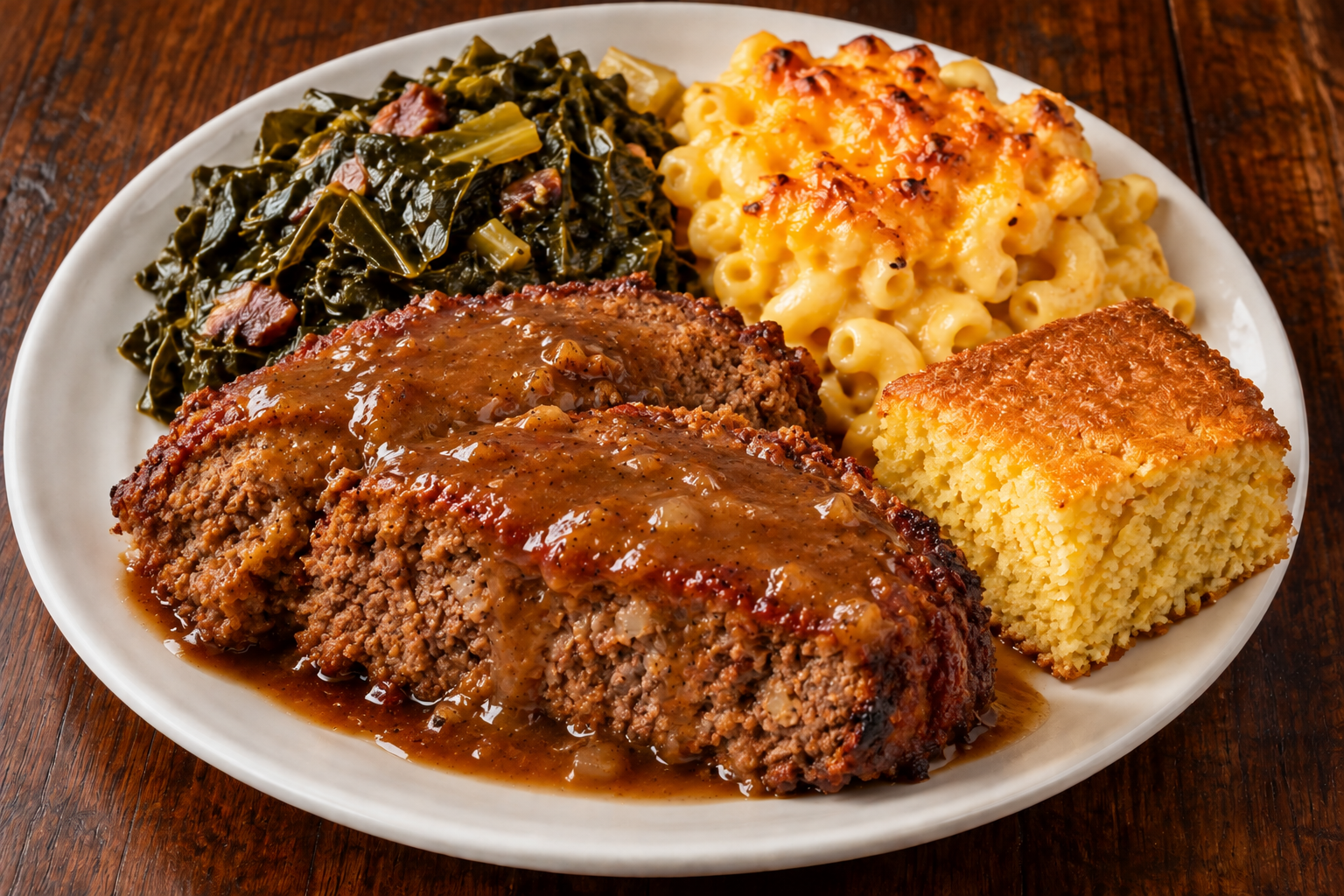 An illustrated Southern dinner of meatloaf with brown gravy, collard greens, macaroni and cheese, and cornbread