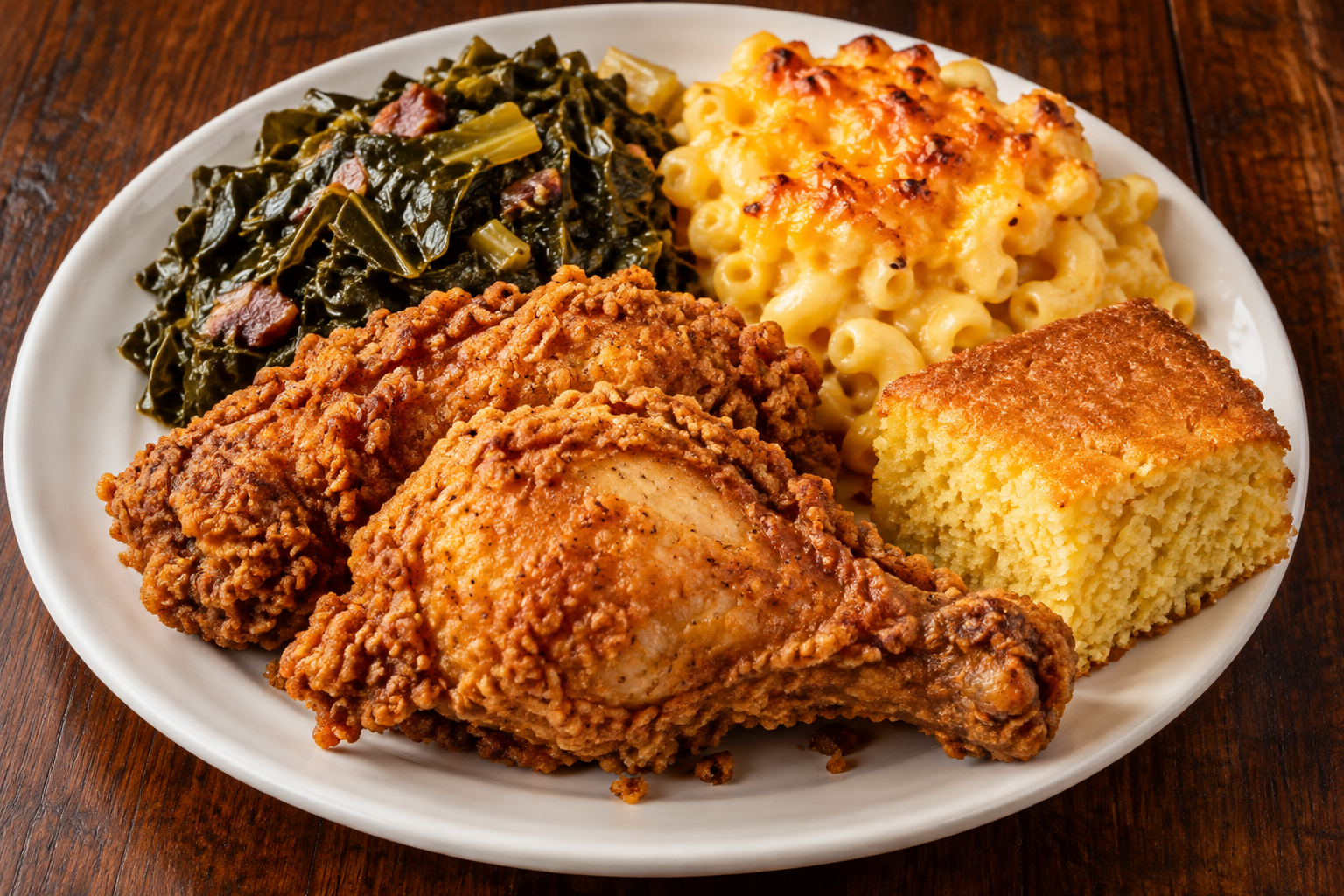 An illustrated Southern dinner of fried chicken, collard greens, macaroni and cheese, and cornbread